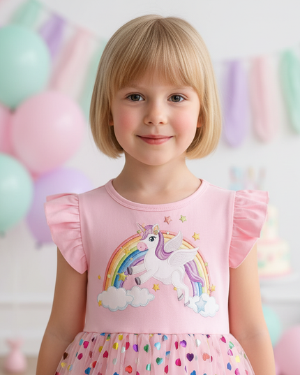 pink unicorn heart confetti dress - detail
