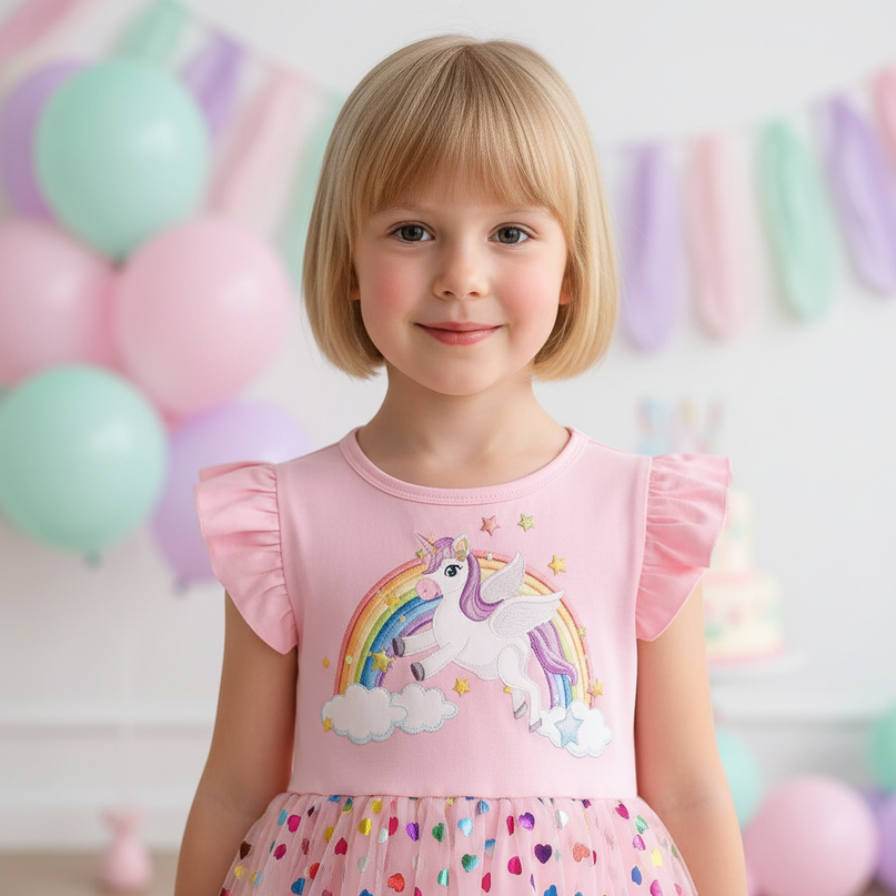 pink unicorn heart confetti dress - detail