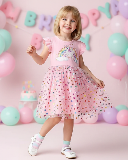 pink unicorn heart confetti dress - front