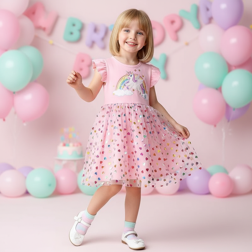 pink unicorn heart confetti dress - front