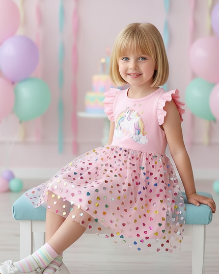pink unicorn heart confetti dress - sitting