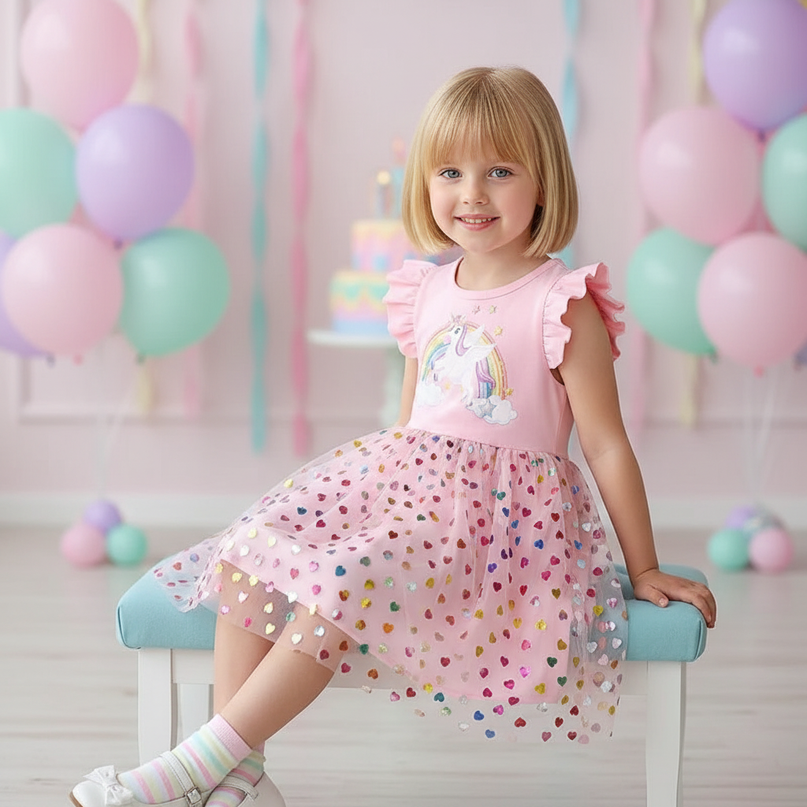 pink unicorn heart confetti dress - sitting