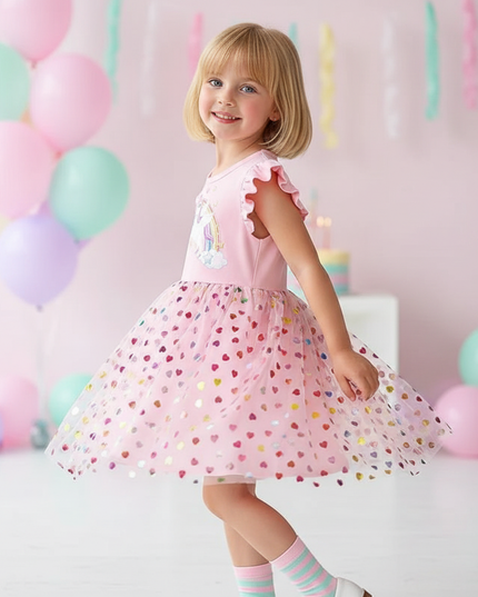 pink unicorn heart confetti dress - three-quarter