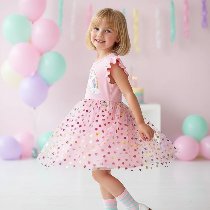 pink unicorn heart confetti dress - three-quarter