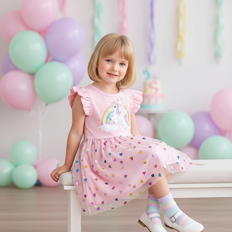 pink unicorn heart dress - sitting