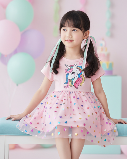 pink unicorn heart mesh dress - sitting