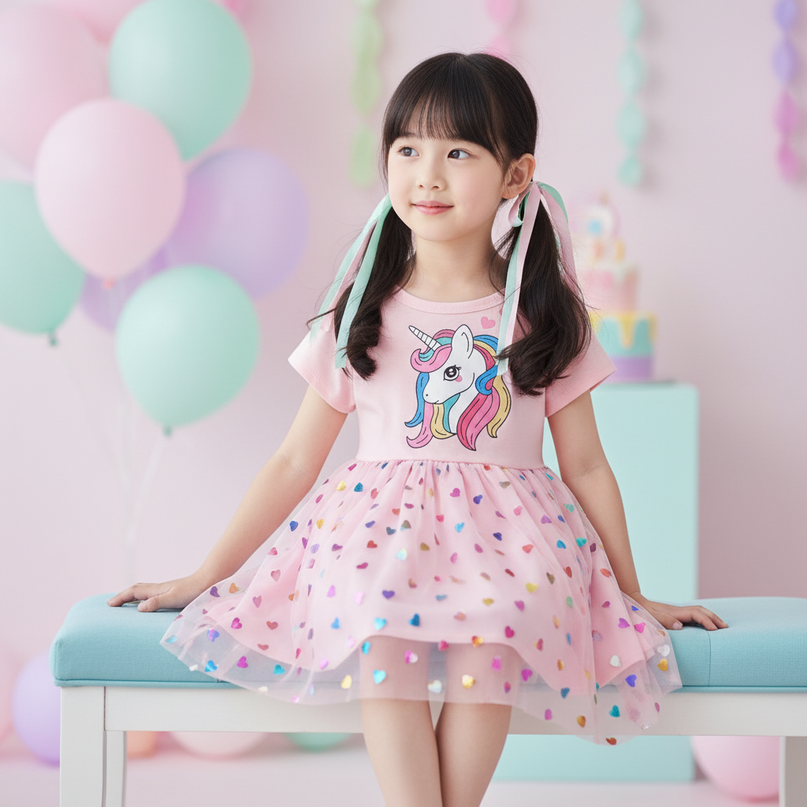 pink unicorn heart mesh dress - sitting