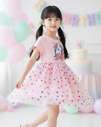 pink unicorn heart mesh dress - three-quarter