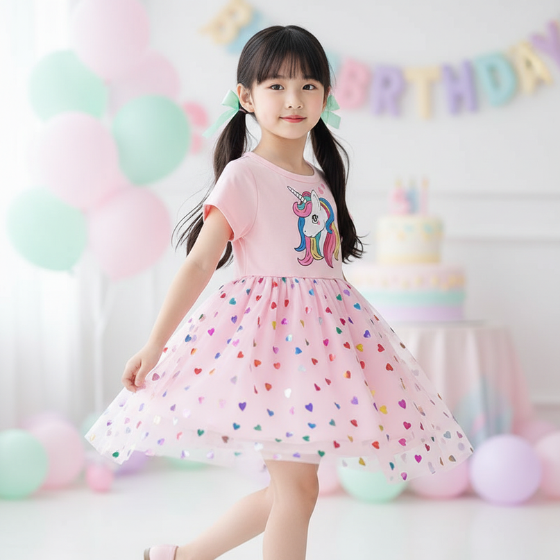 pink unicorn heart mesh dress - three-quarter