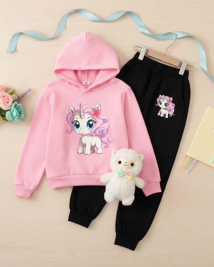 pink unicorn hoodie girls set - flat-lay
