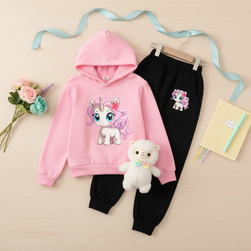 pink unicorn hoodie girls set - flat-lay