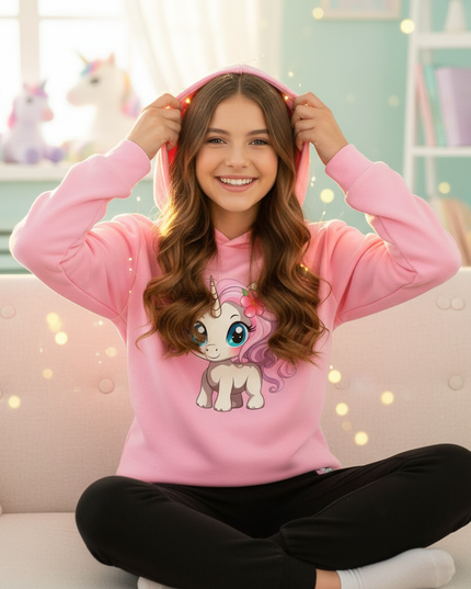pink unicorn hoodie girls set - in-use