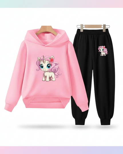 pink unicorn hoodie girls set - white-bg
