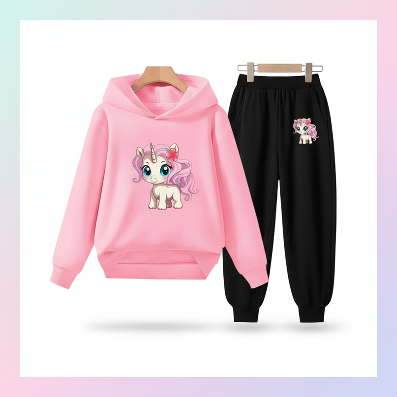pink unicorn hoodie girls set - white-bg