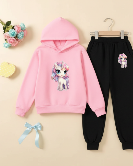 pink unicorn hoodie jogger set - flat-lay