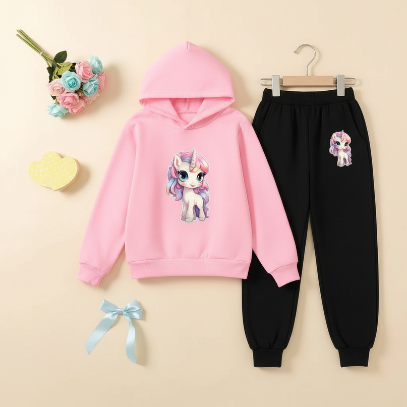 pink unicorn hoodie jogger set - flat-lay