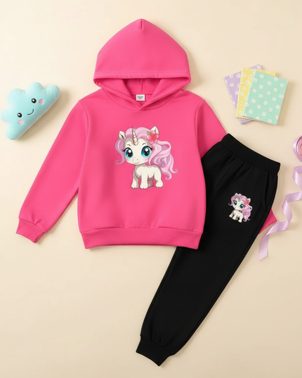 pink unicorn hoodie outfit kids - flat-lay
