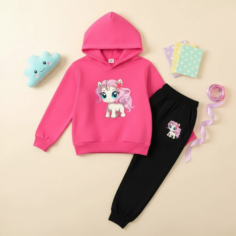 pink unicorn hoodie outfit kids - flat-lay