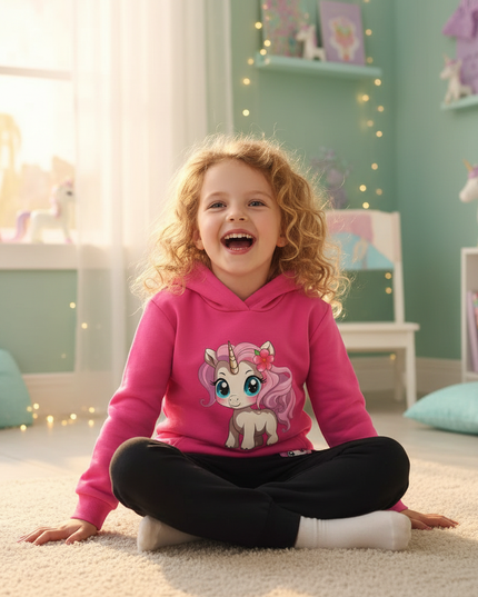 pink unicorn hoodie outfit kids - in-use