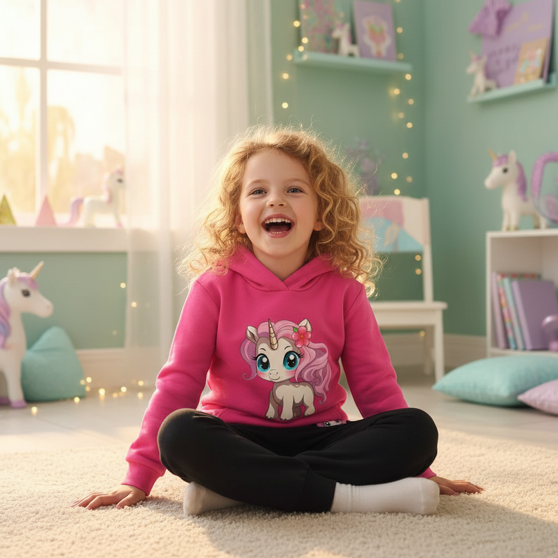 pink unicorn hoodie outfit kids - in-use