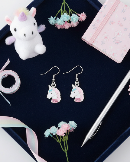 pink unicorn hoop earrings - flat-lay