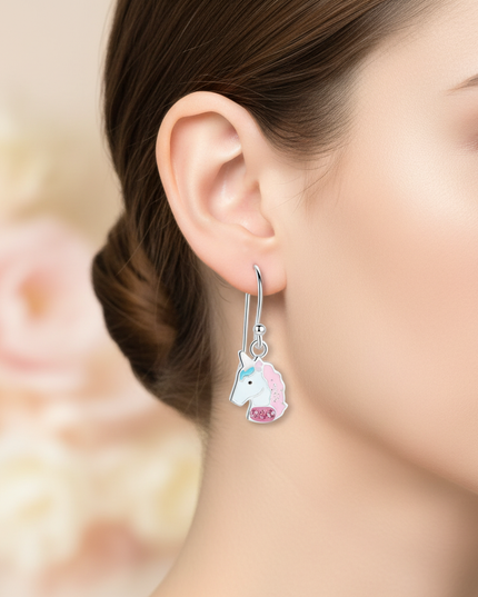 pink unicorn hoop earrings - in-use