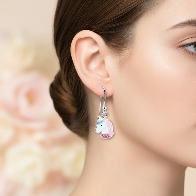 pink unicorn hoop earrings - in-use