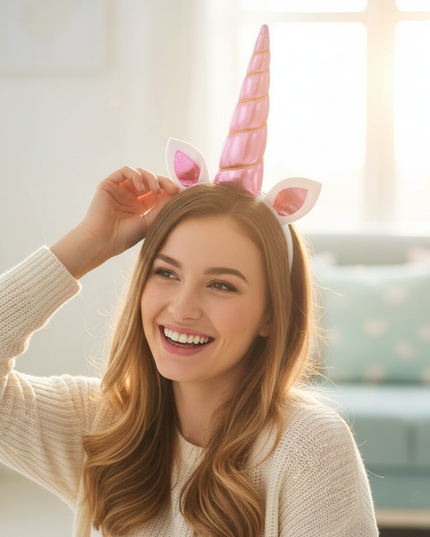 pink unicorn horn elastic - in-use