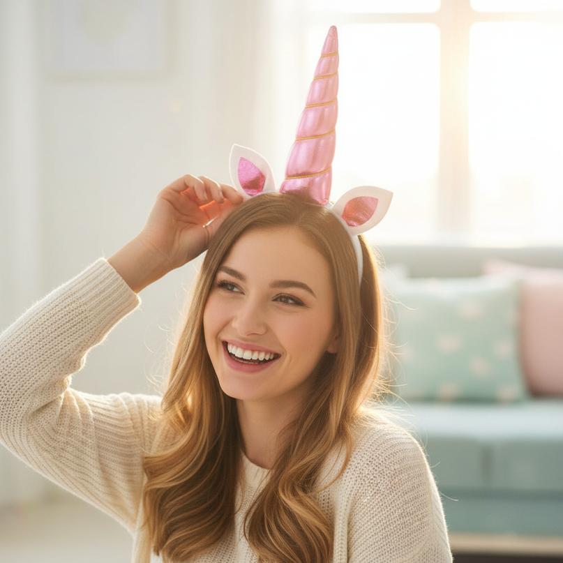 pink unicorn horn elastic - in-use