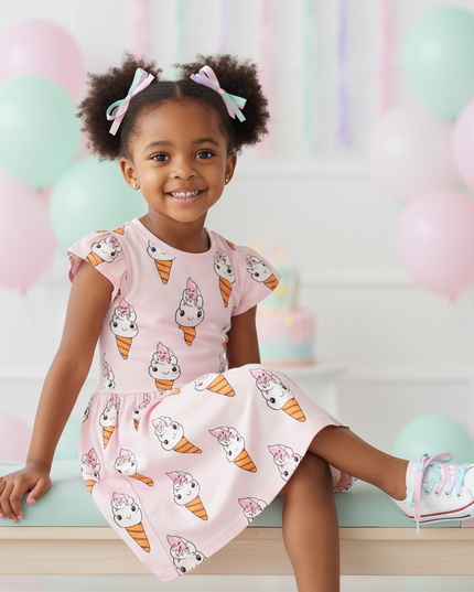 pink unicorn ice cream dress - sitting