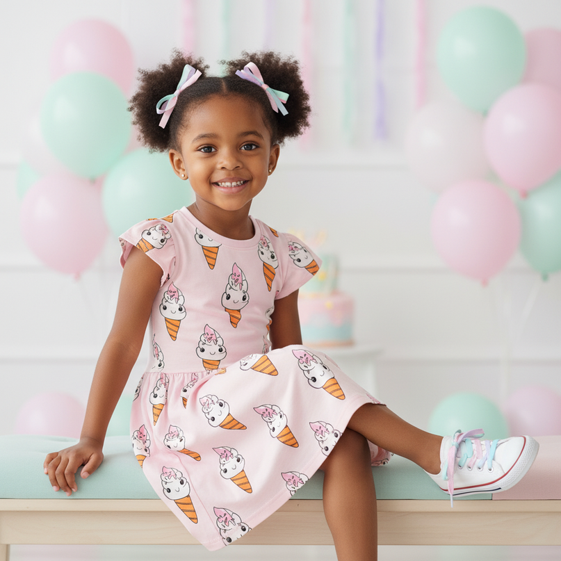 pink unicorn ice cream dress - sitting