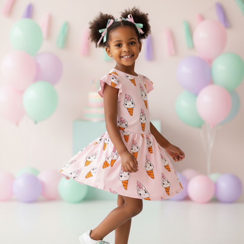 pink unicorn ice cream dress - three-quarter