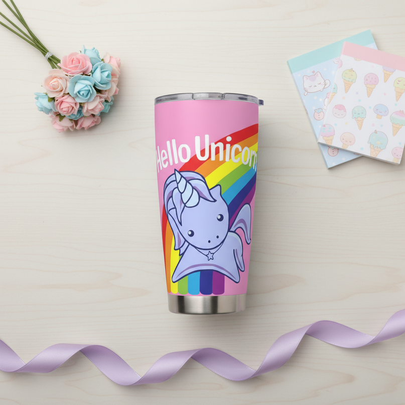 pink unicorn insulated tumbler - flat-lay