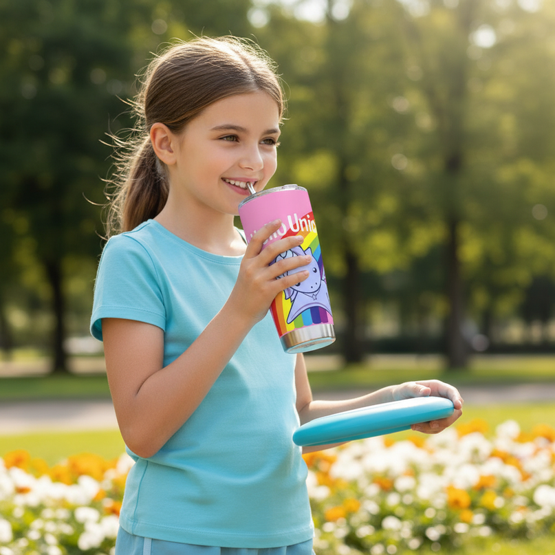 pink unicorn insulated tumbler - in-use