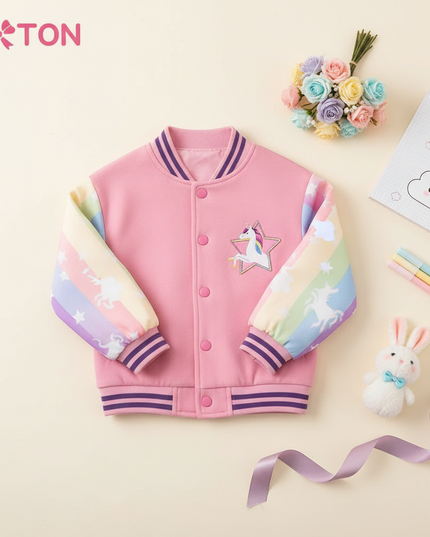pink unicorn jacket - flat-lay
