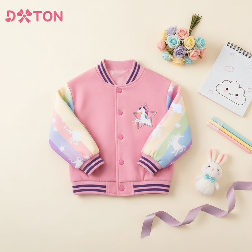 pink unicorn jacket - flat-lay