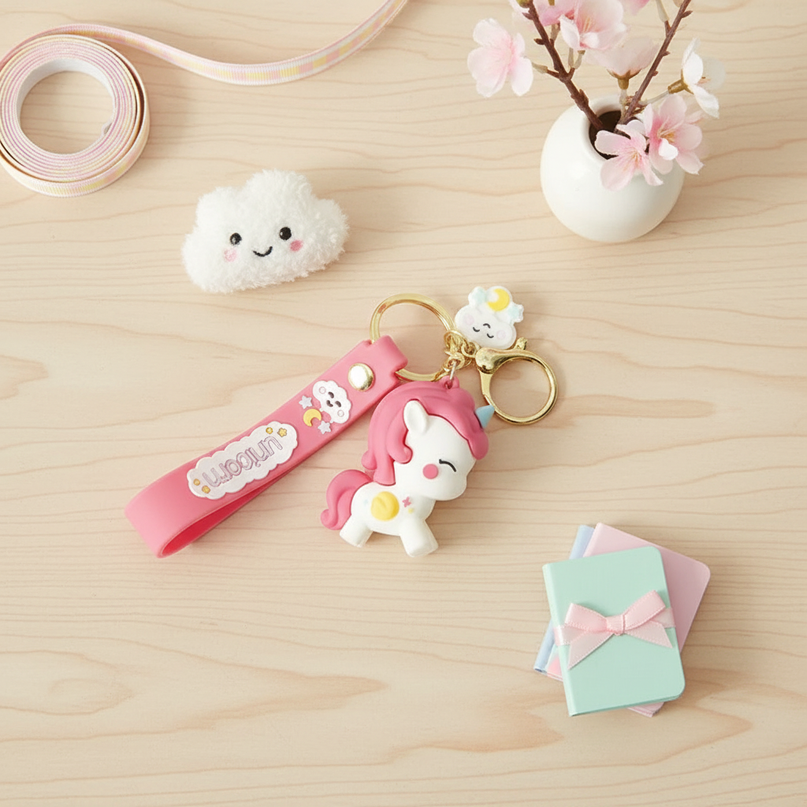 pink unicorn keychain - flat-lay