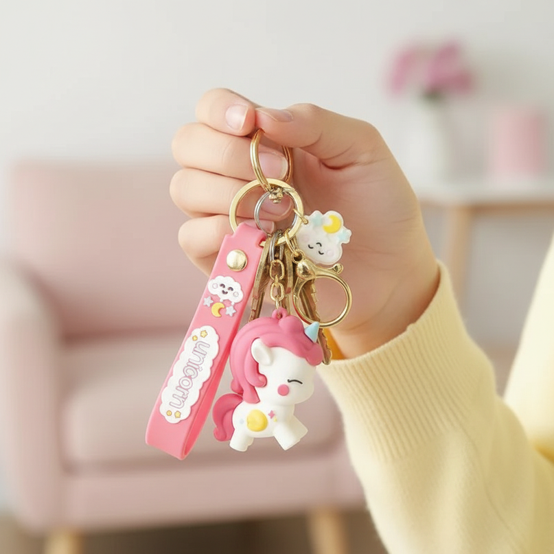 pink unicorn keychain - in-use