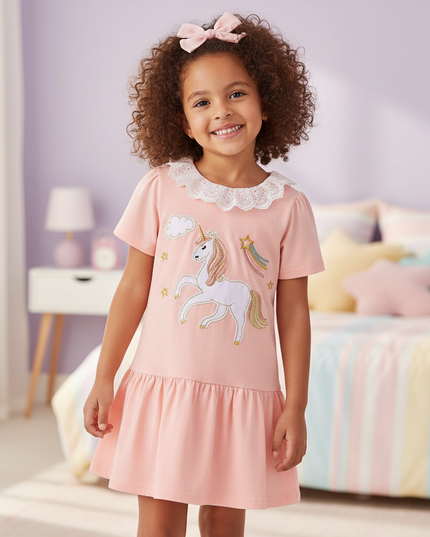 pink unicorn lace collar dress - detail