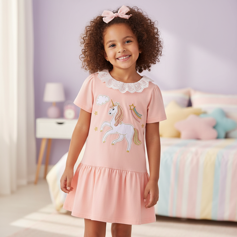 pink unicorn lace collar dress - detail
