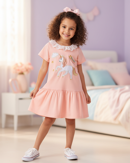 pink unicorn lace collar dress - front