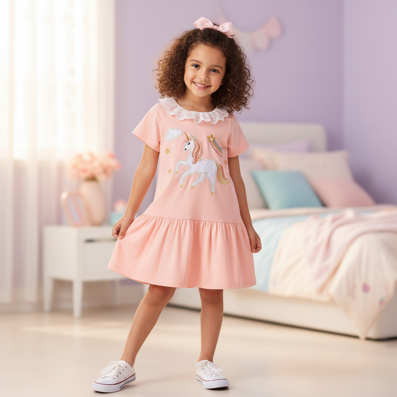 pink unicorn lace collar dress - front