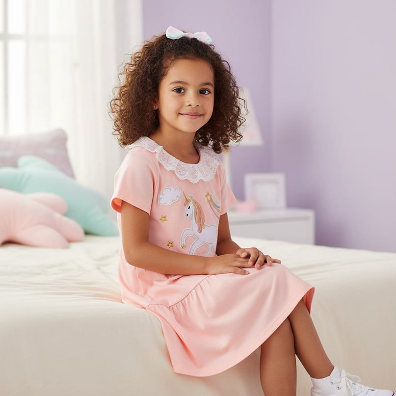 pink unicorn lace collar dress - sitting