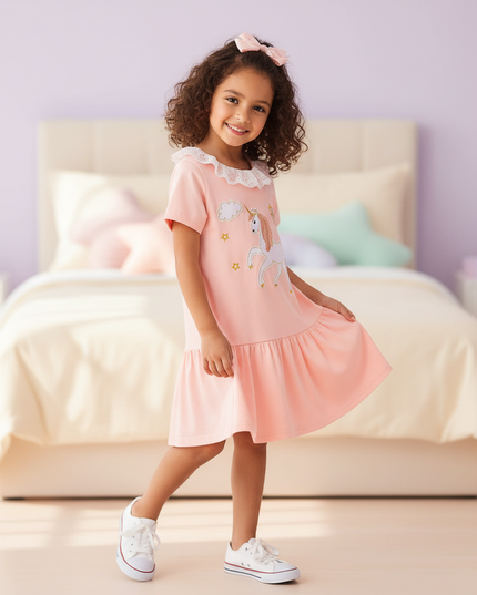 pink unicorn lace collar dress - three-quarter