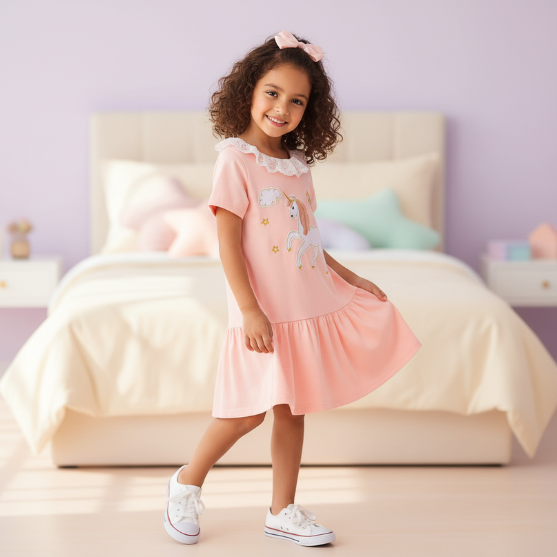 pink unicorn lace collar dress - three-quarter