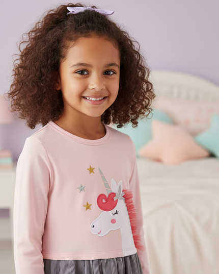 pink unicorn long sleeve applique dress - detail