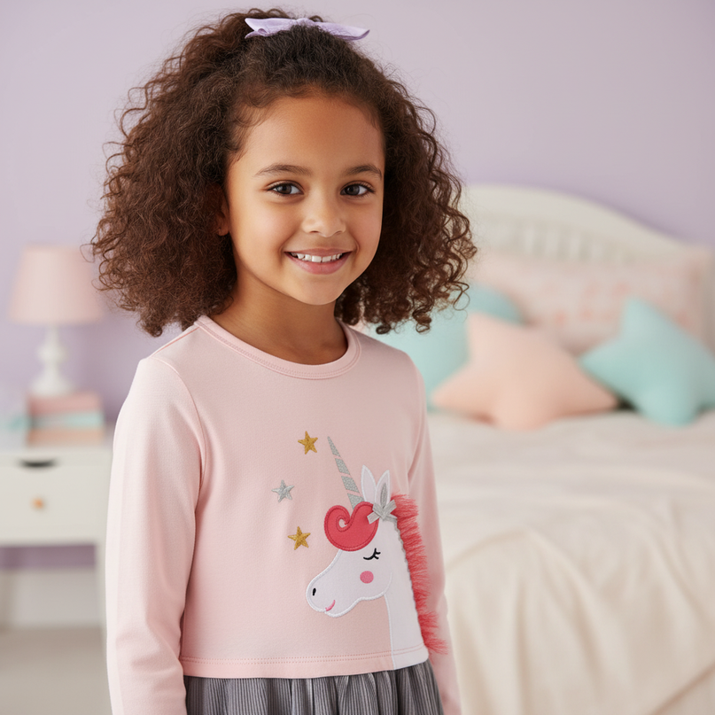 pink unicorn long sleeve applique dress - detail