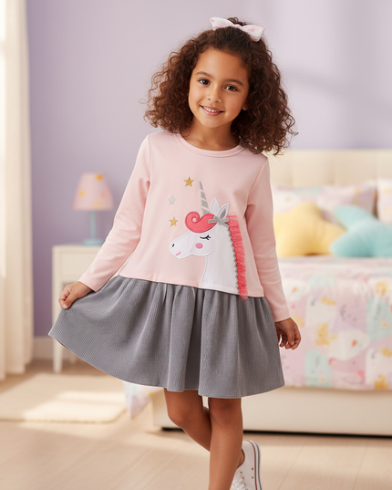 pink unicorn long sleeve applique dress - front