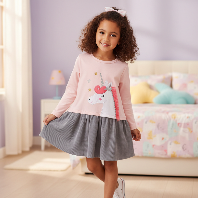 pink unicorn long sleeve applique dress - front
