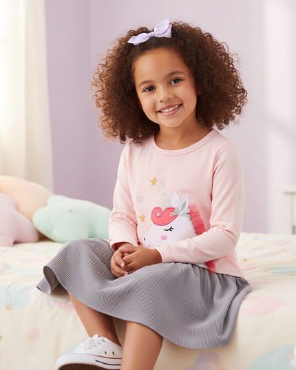 pink unicorn long sleeve applique dress - sitting